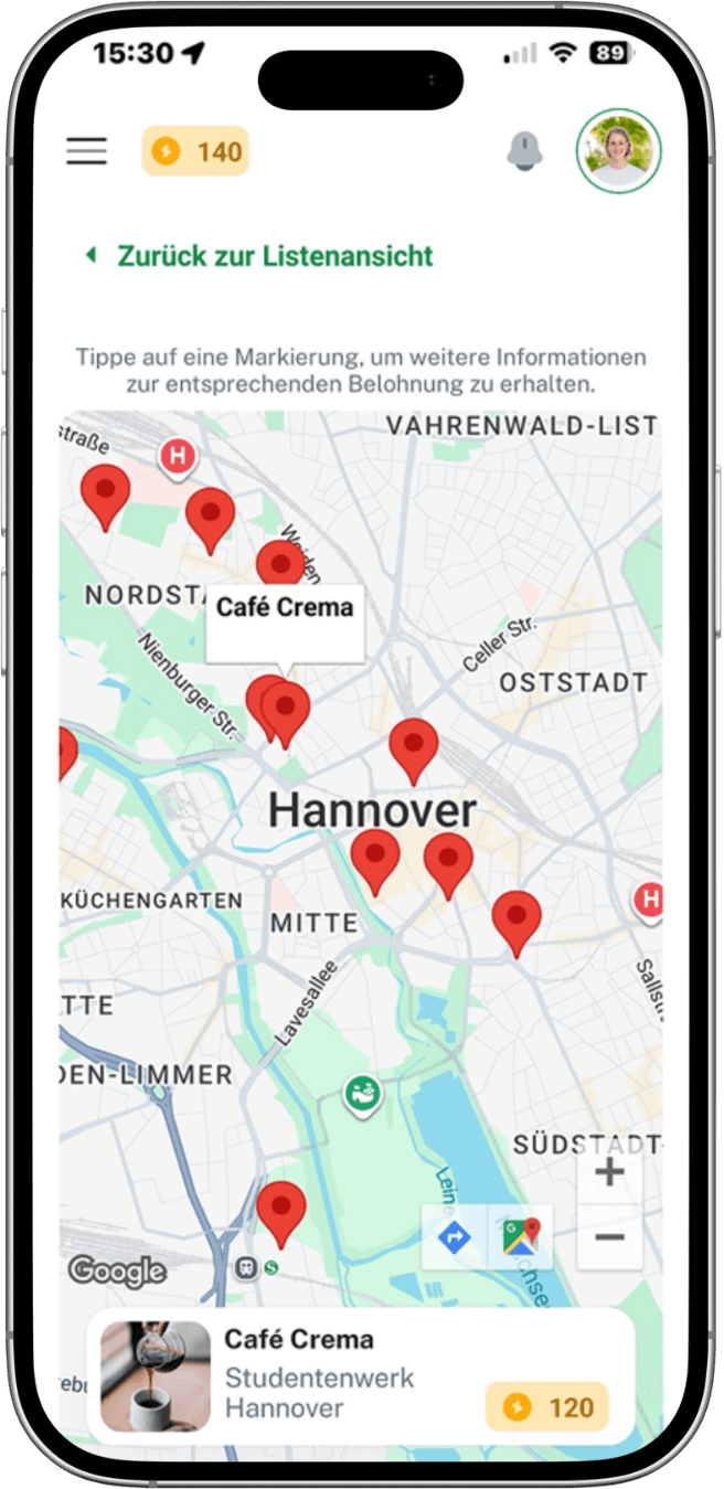 Über die Map entdecken Studierende Partner direkt in ihrer Umgebung und sehen auf einen Blick, wo sie ihre Punkte einlösen können.