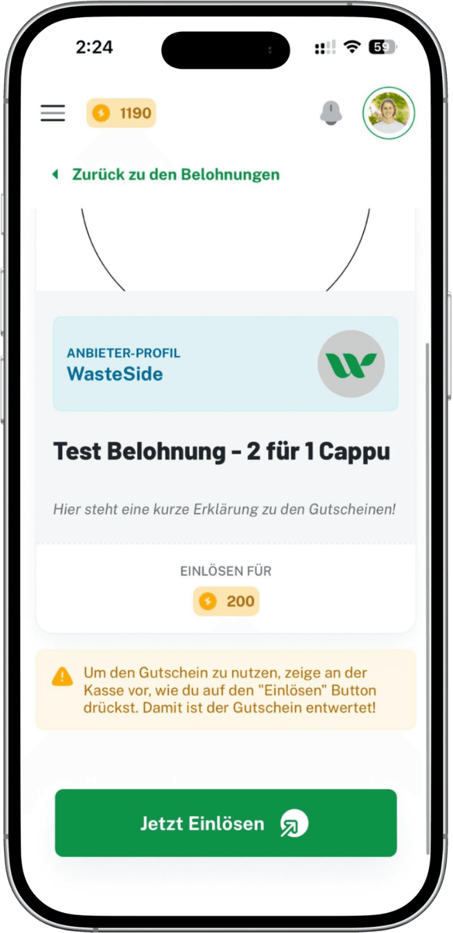Studierende sehen das Angebot und erkennen direkt, wie viele Punkte für die Einlösung benötigt werden.